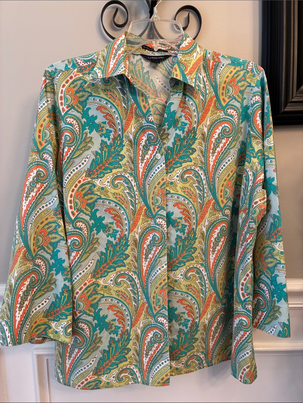 Lands' End Ladies Teal, Orange & Green, white Paisley Button-Down Shirt 18W